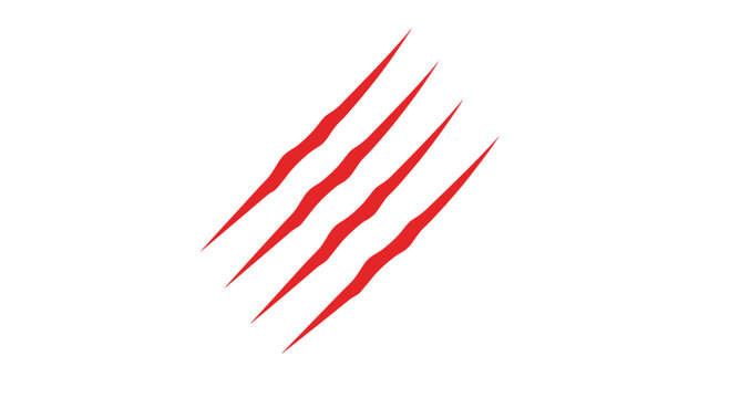 Four distinct, parallel red claw marks with sharp edges are diagonally scratched across a plain white background.