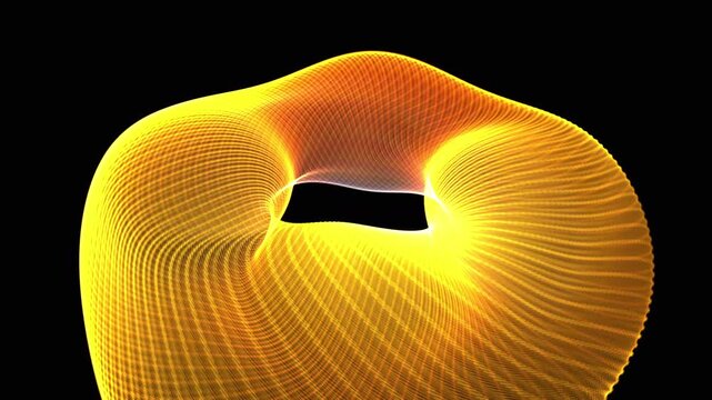 Seamless 4K procedural VJ loop of a massive parametric golden torus structure rotating in a pitch void. Perfect for Resolume, projection mapping, LED walls, and high-end motion graphics backgrounds.