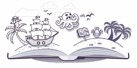 Poster Piraten A whimsical scene of pirates sea creatures and a tropical island emerges  © Prosanta