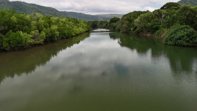 Mowbray River, North Cairns, Queensland, Australia &ndash; 4K Aerial Footage of River with Mangroves, Wetlands, Rainforest, Farmland, Crocodile Viewpoint along Along Captain Cook Highway
