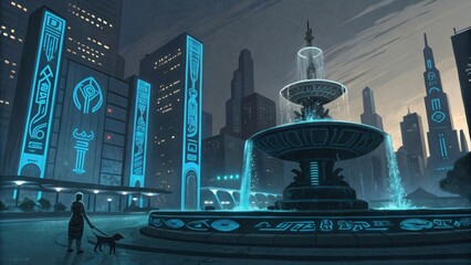 Ultra-cyberpunk, blue-black, fountain pen watercolor, minimalist caricature, Phoenician art