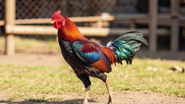 colorful rooster struts in sunny farmyard with vibrant plumage
