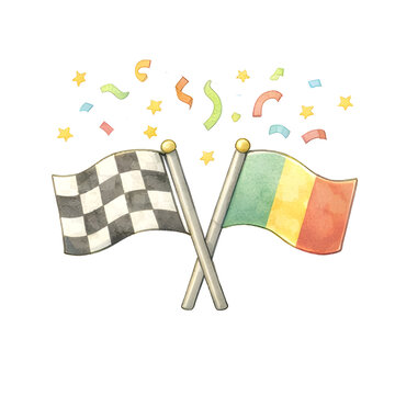 Gekreuzte Rennflaggen mit buntem Konfetti als festliches Symbol f&uuml;r Sieg und Motorsport Feier