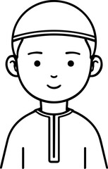 Obraz premium Smiling boy wearing traditional Muslim cap and kurta Black and white vector illustration 