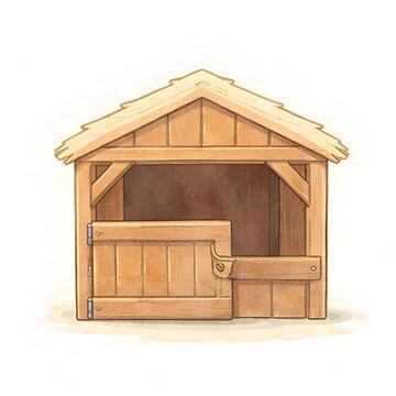Kleiner h&ouml;lzerner Pferdestall mit Futtertrog als niedliche Reiterhof Illustration