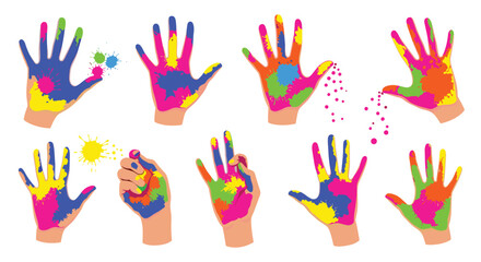 Fototapeta premium Ten flat-design illustrations of open hands heavily splattered with vibrant multi-colored paint, some dripping or throwing paint.