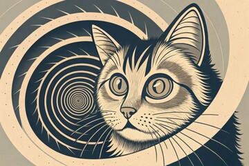 A cat's face with a spiral pattern. A surrealist design.