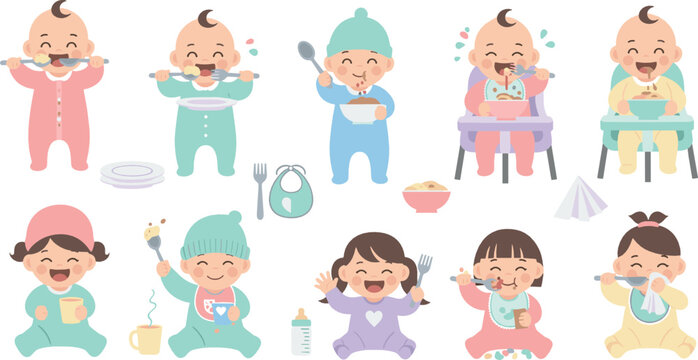 Cute baby eating and feeding scenes, happy infant mealtime with spoon, bottle and bowl, baby care and nutrition concept, colorful flat vector illustration set