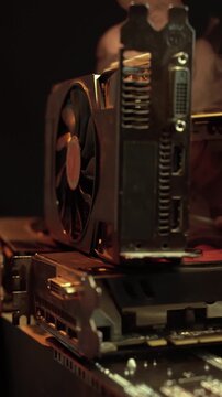 Vertical View of Old Computer VGA Graphic Cards in Smoke, Close Up