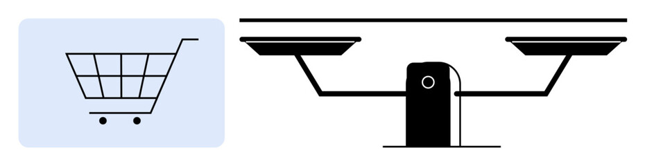 Ecommerce, trade, consumer choices, comparison, market analysis, decision making. Shopping cart icon next to a balance scale. Ecommerce and trade through contrasting icons © robu_s