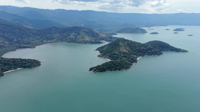 Tropical Forested Mountains And Ilha do Joao Araujo In Paraty, Rio de Janeiro, Brazil. - aerial shot