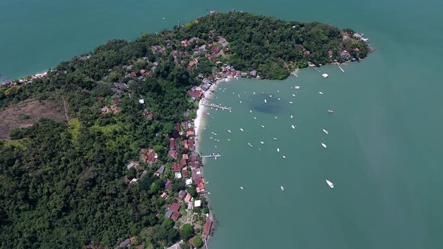 Aerial View Of Boats In Ilha do Joao Araujo, Joao Araujo Island Near Paraty, Rio de Janeiro, Brazil.