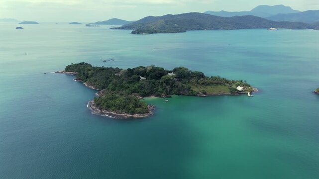 Ilha Comprid, Small Island Covered In Dense Vegetation In The Bay Of Paraty, Rio De Janeiro, Brazil. - aerial shot