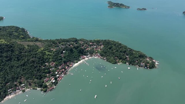 Ilha do Joao Araujo And The Calm Blue Sea Near Paraty, Rio de Janeiro, Brazil. - aerial shot
