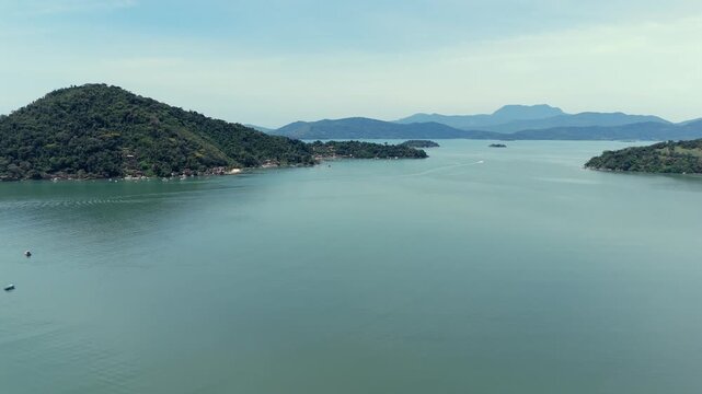 Tranquil Water Of Bay Around Ilha do Joao Araujo, Joao Araujo Island Near Paraty, Rio de Janeiro, Brazil. - aerial shot