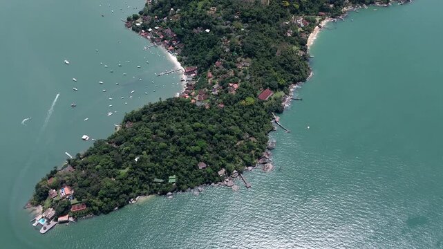 Argentino's Island (Ilha do Argentino) Tranquil Ecological Reserve Within The Paraty Bay Area Of Rio de Janeiro, Brazil. Aerial Pullback Shot