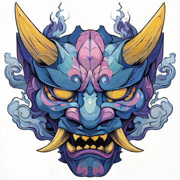 Vibrant Japanese Hannya Mask Art
