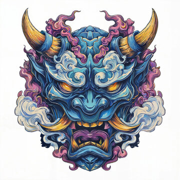 Vibrant Japanese Hannya Mask Art
