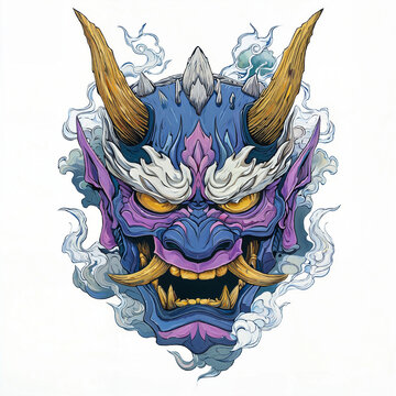 Vibrant Japanese Hannya Mask Art
