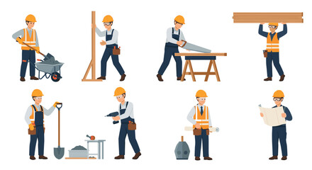 Fototapeta premium A collection of eight male construction workers in yellow hard hats and safety vests performing diverse building tasks on a white background.