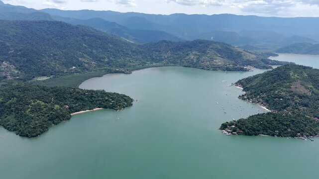 Panorama of Bay, Tropical Island And Mountains In Paraty, Brazil. - aerial shot