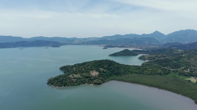 Paraty Landscape By The Calm Waters Of Ilha Grande In Rio de Janeiro, Brazil. - aerial shot
