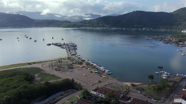 The Cais de Paraty (Paraty Pier) Historic UNESCO-listed Town In Rio de Janeiro, Brazil. Aerial Drone Shot