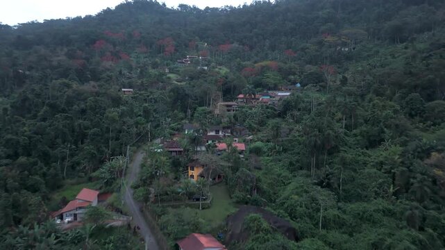 Village In A Lush, Green Valley In Paraty, Brazil - Aerial Drone Shot