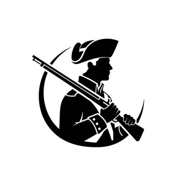 American Revolutionary War Minuteman Soldier with Musket Rifle Silhouette.