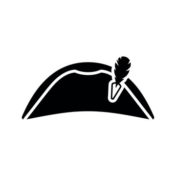 Bicorne hat with feather black silhouette icon.
