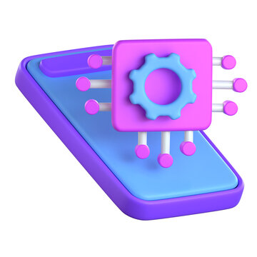 A 3D illustration of a smartphone with a floating processor chip and gear symbolizing artificial intelligence and data prediction technology