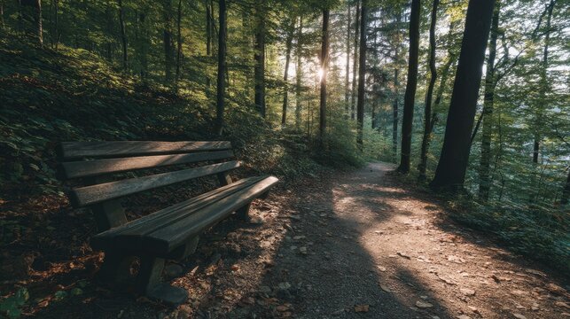 Serene Forest Path with Wooden Bench Surrounded by Sunlight Filtering Through Trees in a Peaceful Natural Setting of Greenery