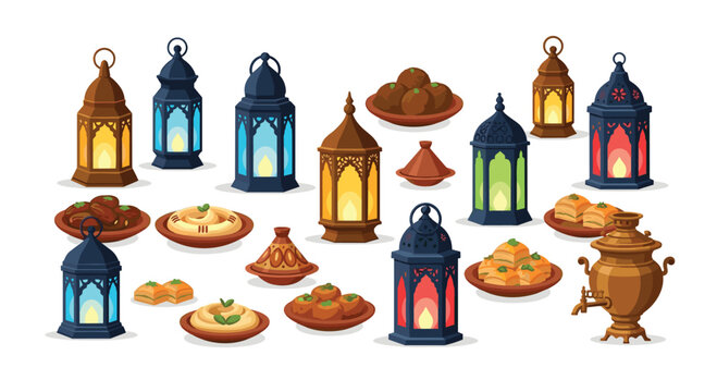 A delightful collection of diverse Arabic lanterns, traditional Middle Eastern food dishes, and a vintage samovar displayed on a white background.