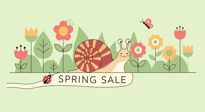 Adorable snail with cartoon eyes crawls along spring sale banner amidst colorful flowers in flat illustration style