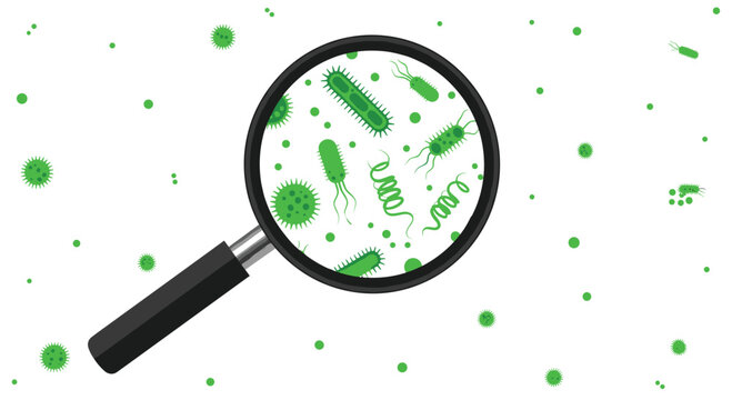 A magnifying glass reveals detailed green bacteria and viruses, with scattered smaller green microbes on a bright white background.