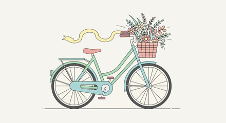 Fototapeta premium Charming mint green bicycle with flower basket and yellow ribbon in cartoon style isolated on white for spring and summer designs