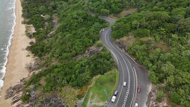 Rex Lookout, Cairns, Queensland, Australia &ndash; 4K Aerial Drone Footage of the Winding Coastal Road Along Captain Cook Highway, Great Barrier Reef Drive, Lush Rainforest and Rocky Headlands