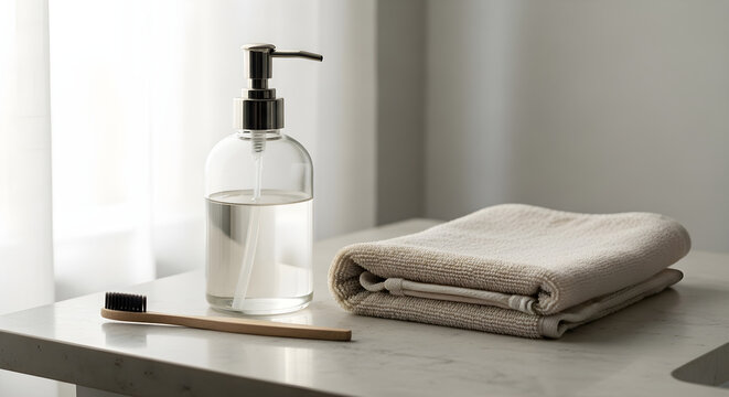 A blank white plastic pump bottle and folded towel are isolated bathroom accessories for liquid soap or shampoo hygiene care