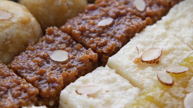 Assorted indian sweets arranged in box with almond garnish close up video clip showing traditional milk based desserts