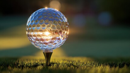 Golf ball on tee reflecting sunset light, symbolizing precision, success, and recreational activity on green course