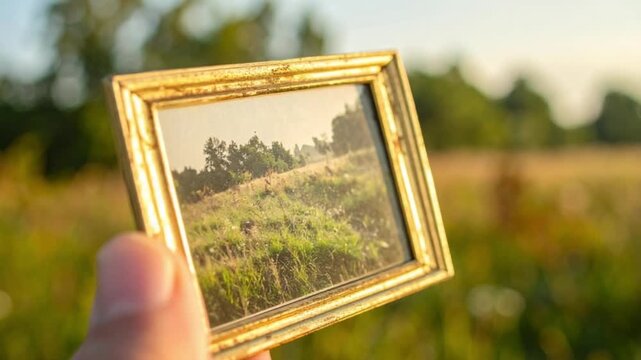 Hand holding small golden frame with landscape photo in sunny field