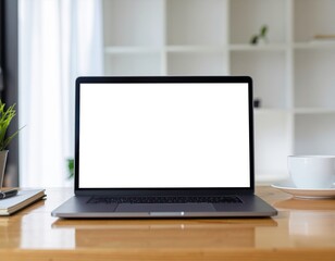 Fototapeta premium Modern home office laptop with blank screen and copy space