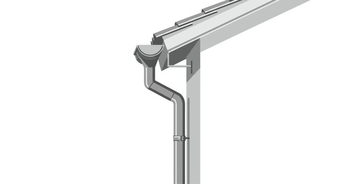 A simple and clean illustration features a single rain gutter and downspout system meticulously attached to the corner of a house roof structure.