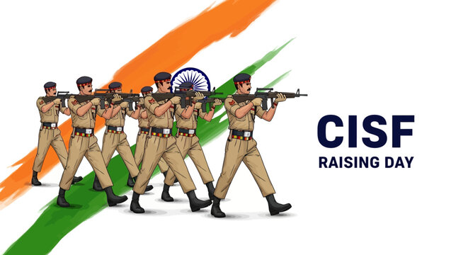 Illustration of CISF soldiers marching in parade ceremony on CISF Raising Day with Indian flag colors and text on white background.