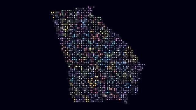Georgia animated shape. Pulsating colored dots on the map of the state. Small size square blocks. Digital style Georgia map on dark background. Amazing animation video.