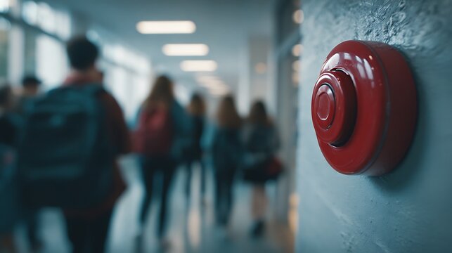 Close up of a red fire alarm button in a blurred school hallway with students in the background