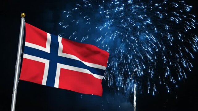 Norwegian flag waving on a pole with fireworks exploding in the night sky
