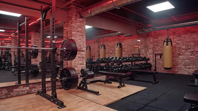 industrial gym interior with weight plates, squat rack and bench setup