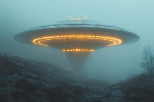 Floating UFO ship in fog.