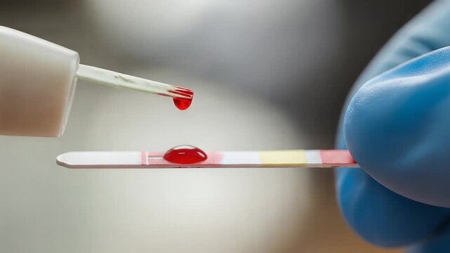 lab test strip with red droplet and blue gloved hand in diagnostic scene